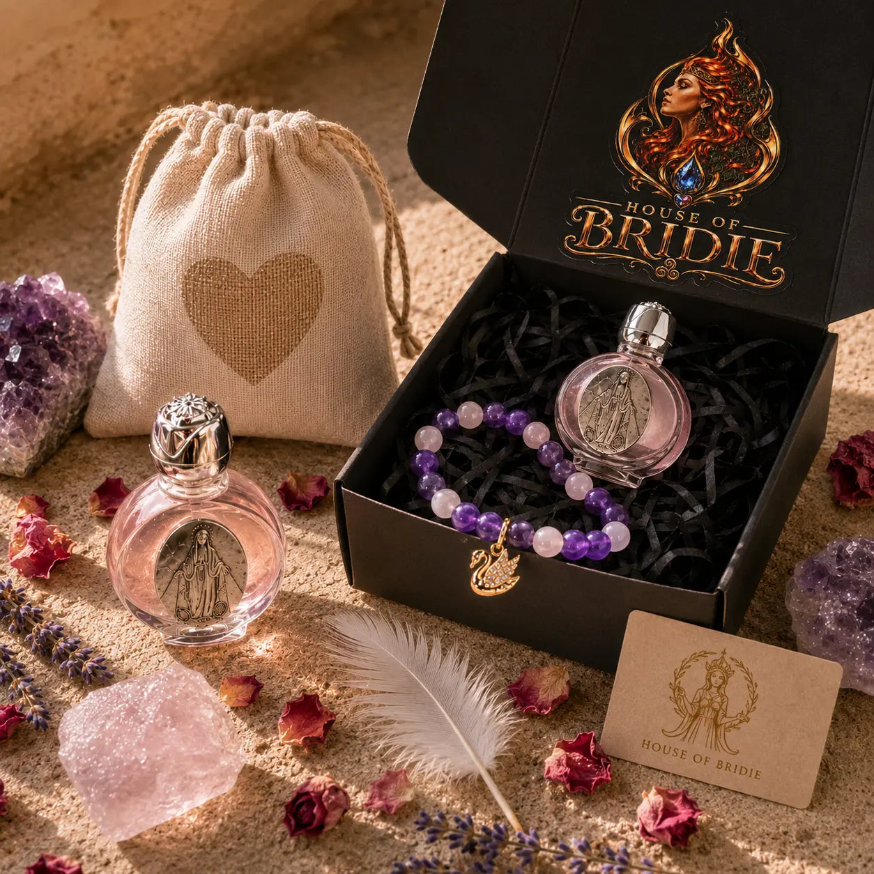 Goddess Brigid Swan Bracelet & Altar Essence Set - Rose Quartz & Amethyst with gift packaging