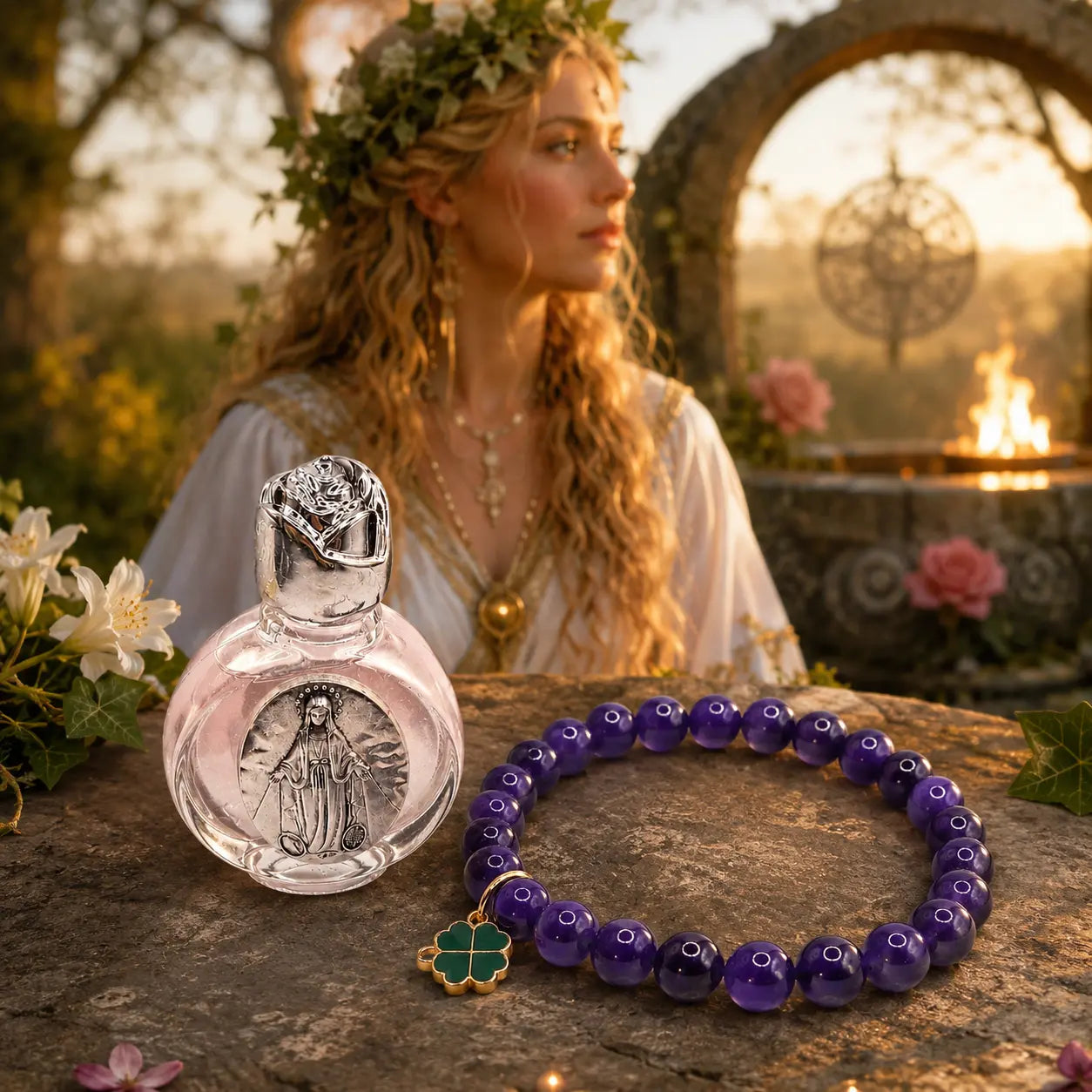 Goddess Brigid Bracelet – Peace & Luck – Amethyst, rose goddess altar essence with goddess Brigid in the background