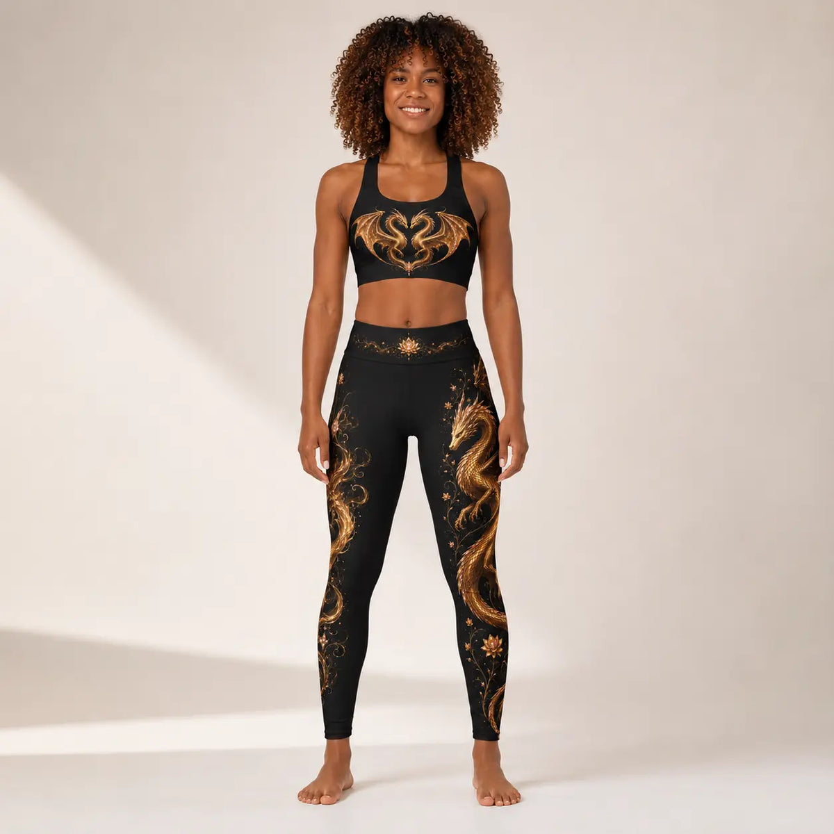 Golden Dragon & Sacred Lotus High-Waisted Yoga Leggings House Of Bridie