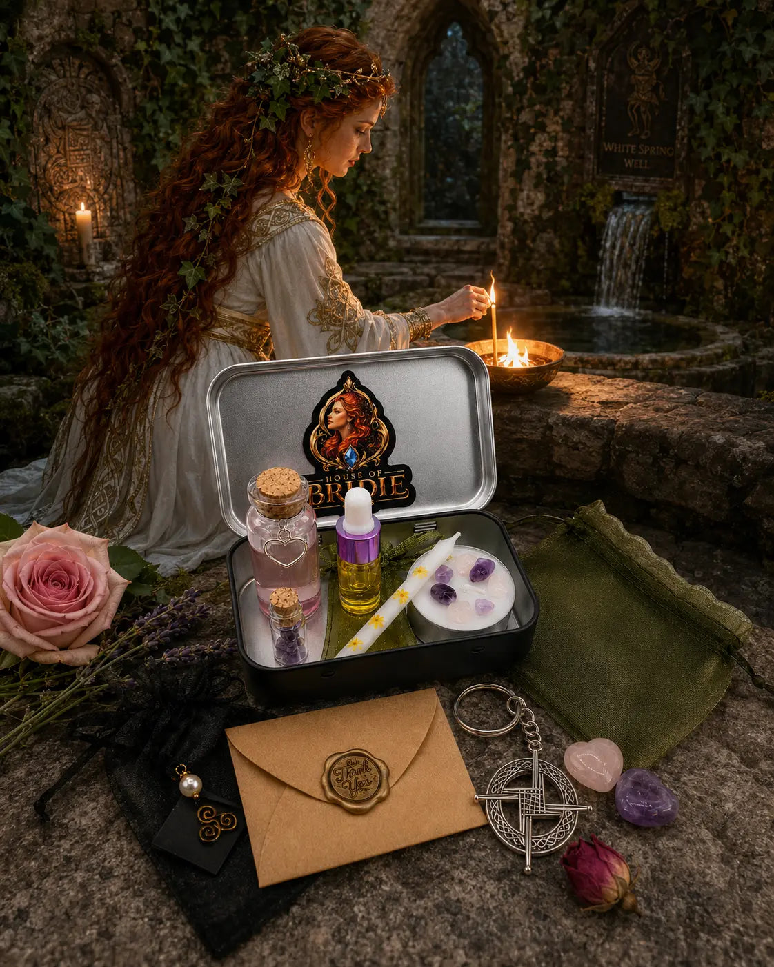 Brigid's Pocket Altar Kit with sacred waters, candles, altar oil, crystals and handcrafted ritual pieces, Goddess Brigid in the background