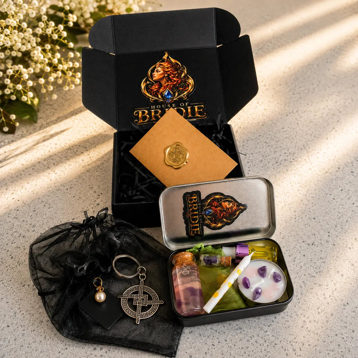 Brigid's Pocket Altar Kit with sacred waters, candles, altar oil, crystals and handcrafted ritual pieces