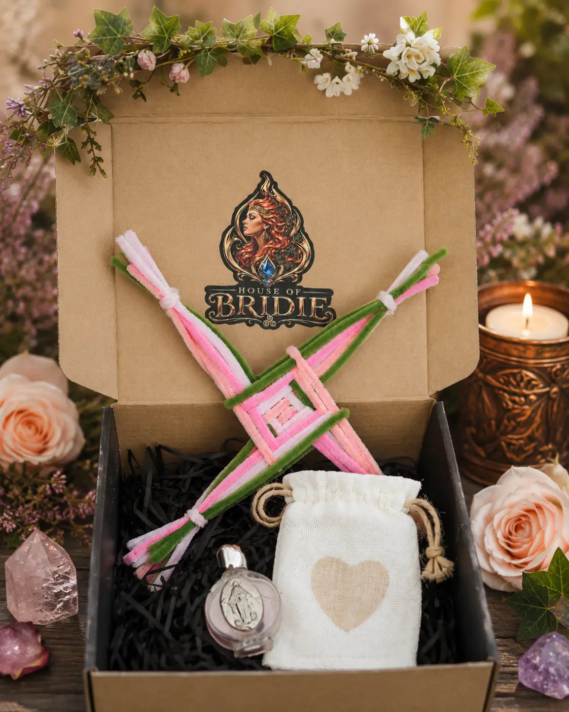 Brigid's Protection Cross Gift Set with Rose Altar Essence - Gift Packaging