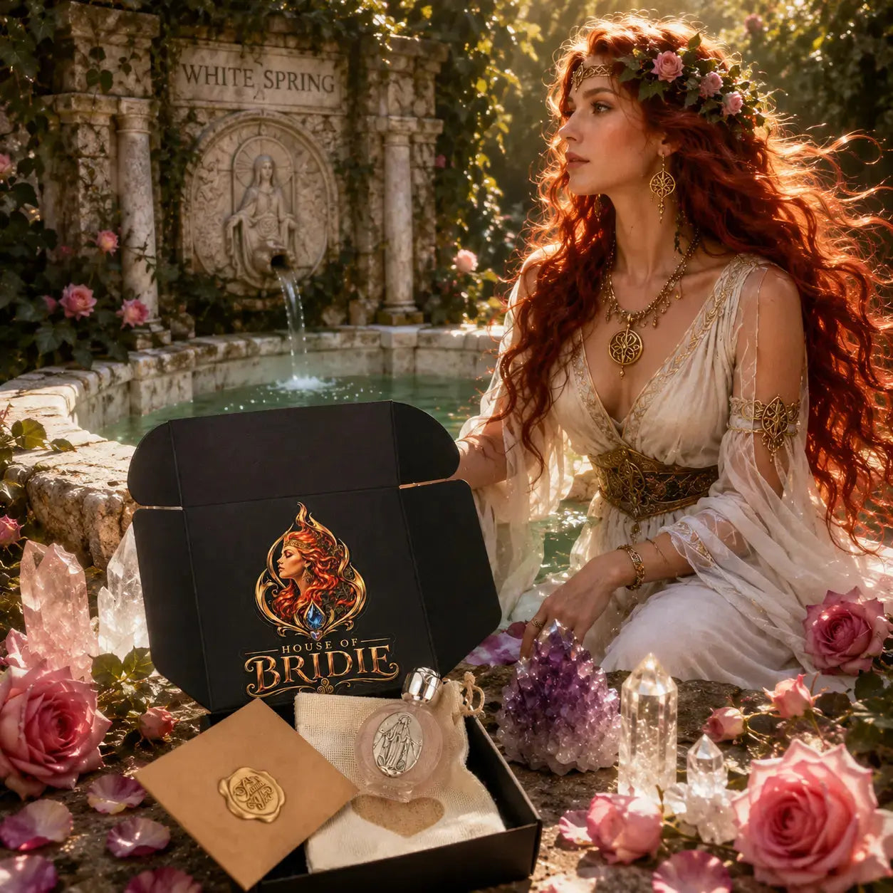 Rose Goddess Altar Essence beside sacred spring water, goddess brigid by the well