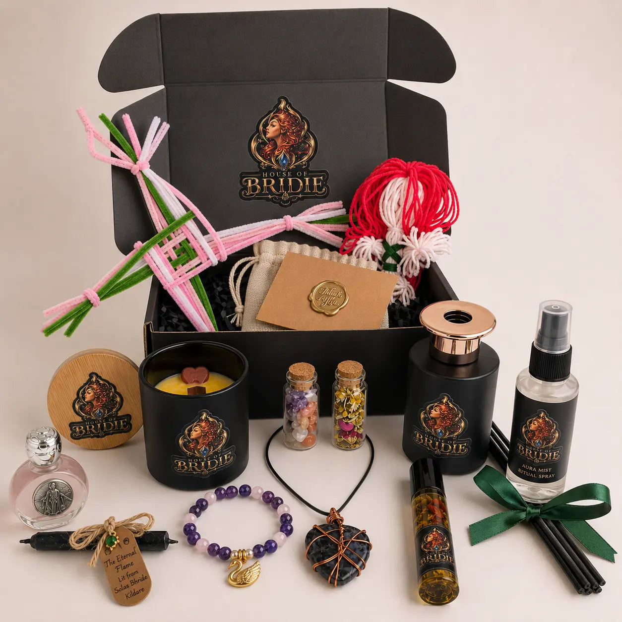 Brigid's Hearth Ritual Chest with candle, bracelet, diffuser, altar mist, crystals and handcrafted Brigid ritual pieces, Gift Packaging