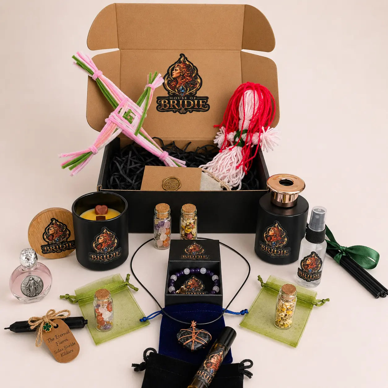 Brigid's Hearth Ritual Chest with candle, bracelet, diffuser, altar mist, crystals and handcrafted Brigid ritual pieces Sweet Orange,Cedarwood & Myrrh 