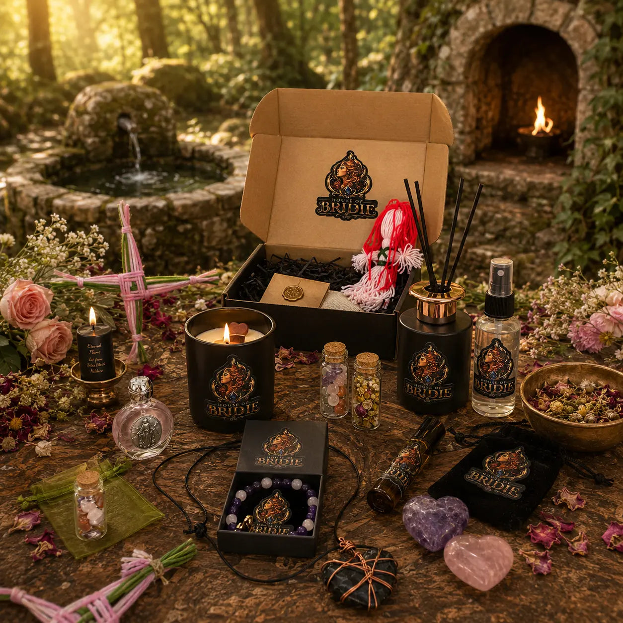 Brigid's Hearth Ritual Chest with candle, bracelet, diffuser, altar mist, crystals and handcrafted Brigid ritual pieces Sweet Orange,Cedarwood & Myrrh 