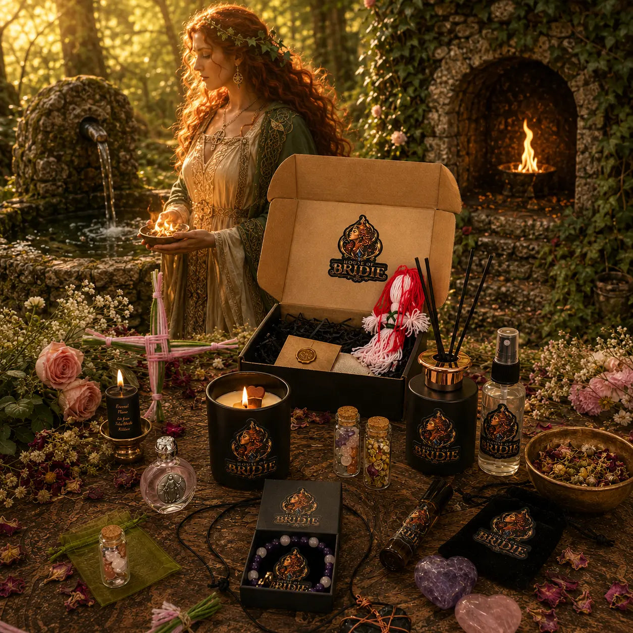 Brigid's Hearth Ritual Chest with candle, bracelet, diffuser, altar mist, crystals and handcrafted Brigid ritual pieces