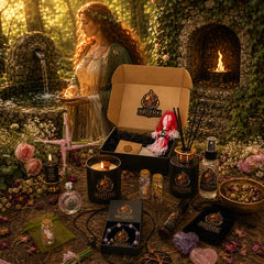 Brigid's Hearth Ritual Chest with candle, bracelet, diffuser, altar mist, crystals and handcrafted Brigid ritual pieces