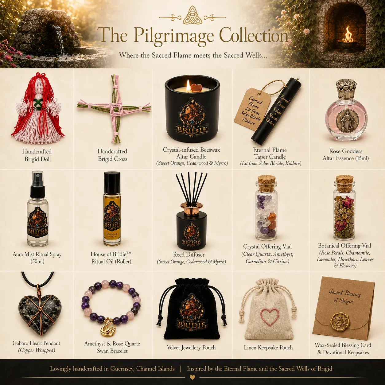 Brigid's Hearth Ritual Chest with candle, bracelet, diffuser, altar mist, crystals and handcrafted Brigid ritual pieces, full collection