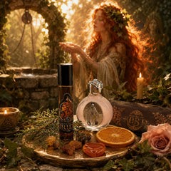 Flame of Brigid Altar Blessing Set with ritual altar oil - (Sweet Orange, Cedarwood & Myrrh) and Rose Goddess Altar Essence, Bridid in the background by a well