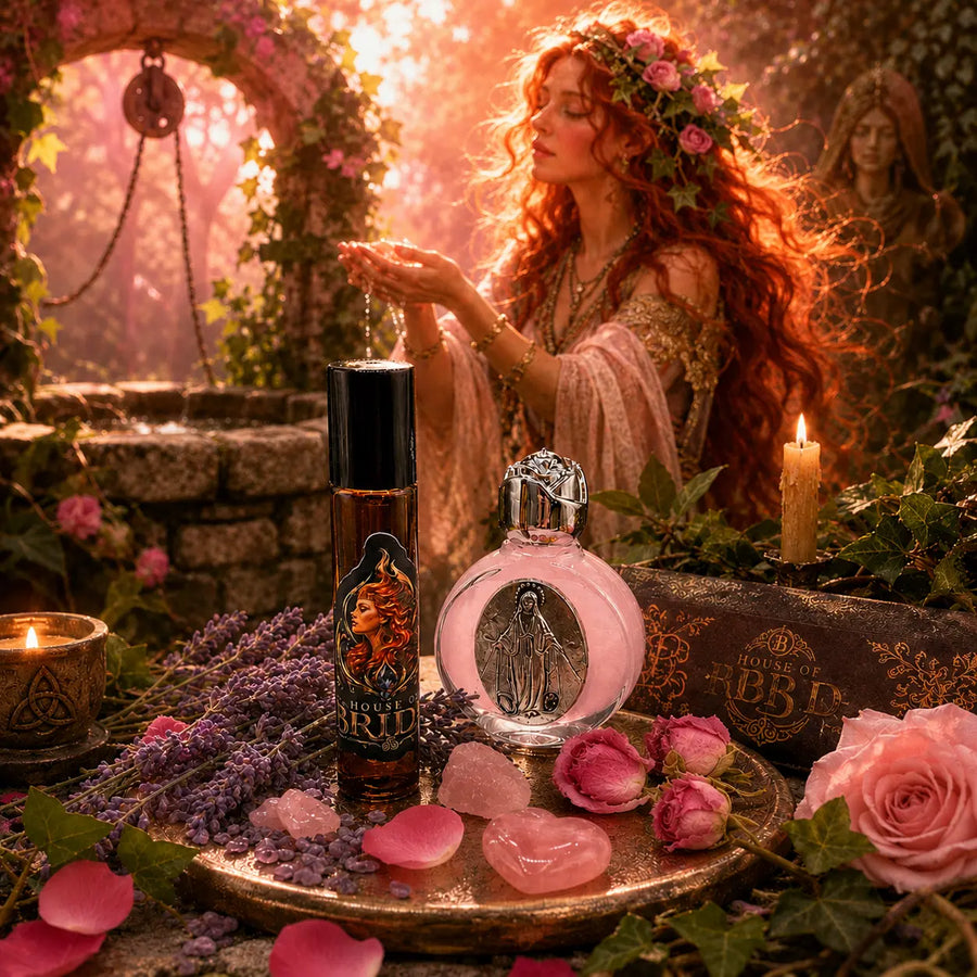 Rose of Brigid Altar Blessing Set with ritual altar oil and Rose Goddess Altar  Essence, Goddess Brigid in the background by a well