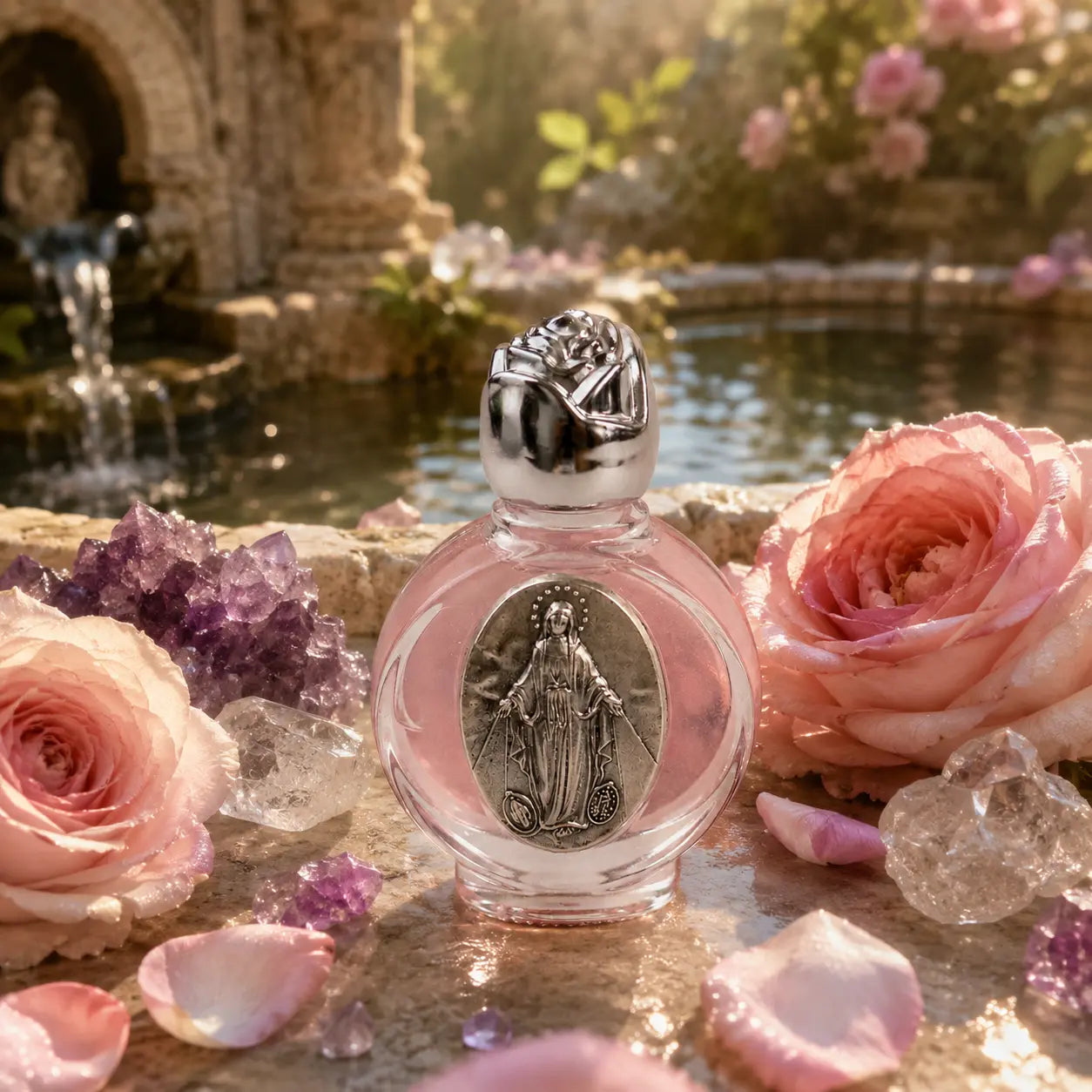 Rose Goddess Altar Essence beside sacred spring water