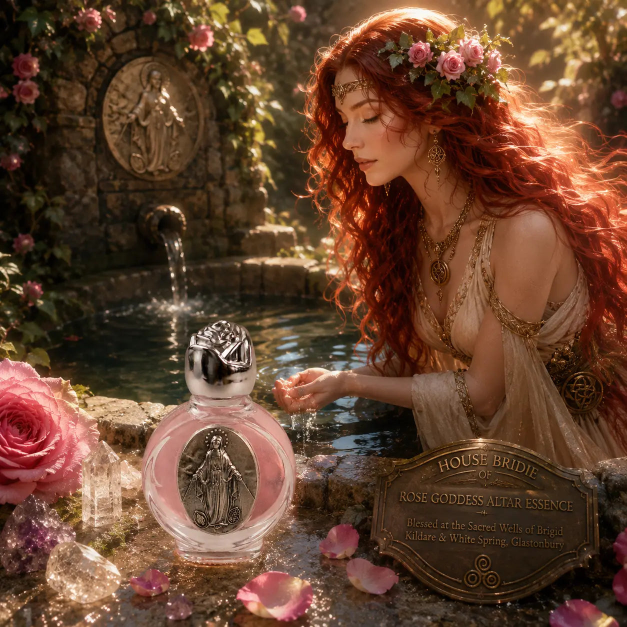 Rose Goddess Altar Essence beside sacred spring water, goddess brigid by the well