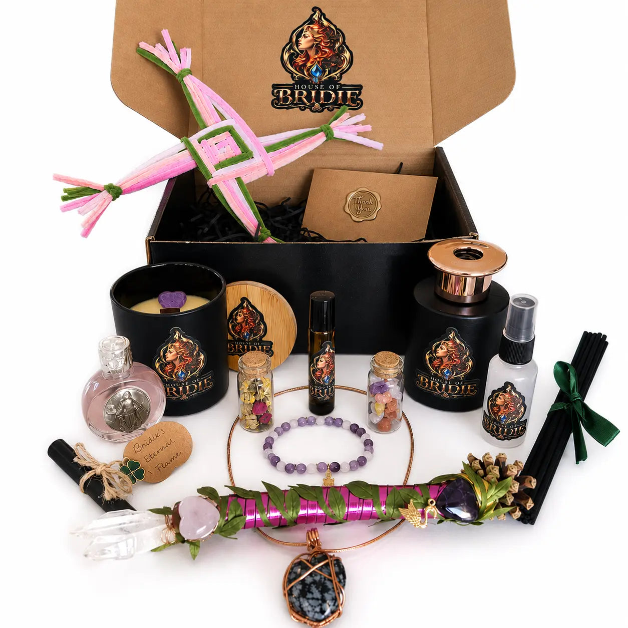 Swan of Brigid Ritual Chest with candle, altar oils, sacred waters, crystals, jewellery and handcrafted ritual pieces, Gift Packaging