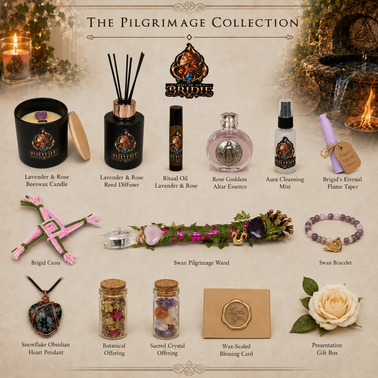 Swan of Brigid Ritual Chest full collection list with candle, altar oils, sacred waters, crystals, jewellery and handcrafted ritual pieces