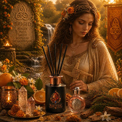 Brigid's Hearth Reed Diffuser set with Sweet Orange, Cedarwood and Myrrh in a Brigid-inspired altar setting with Goddess Brigid in the background