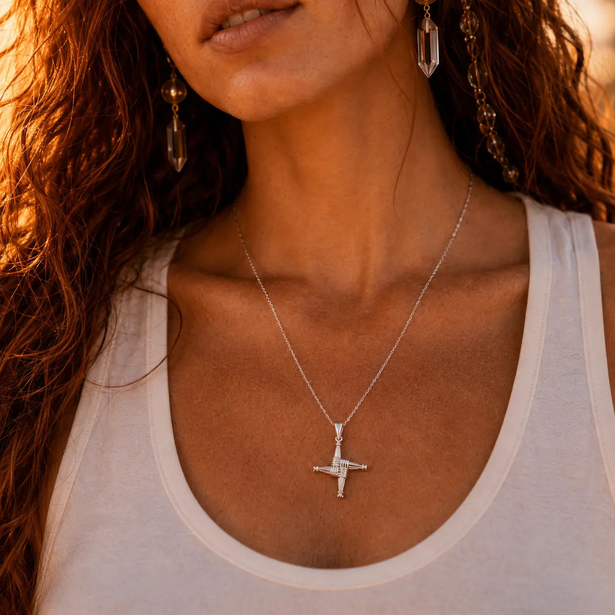 Sterling Silver Brigid Cross Necklace & Pendant worn by goddess Brigid
