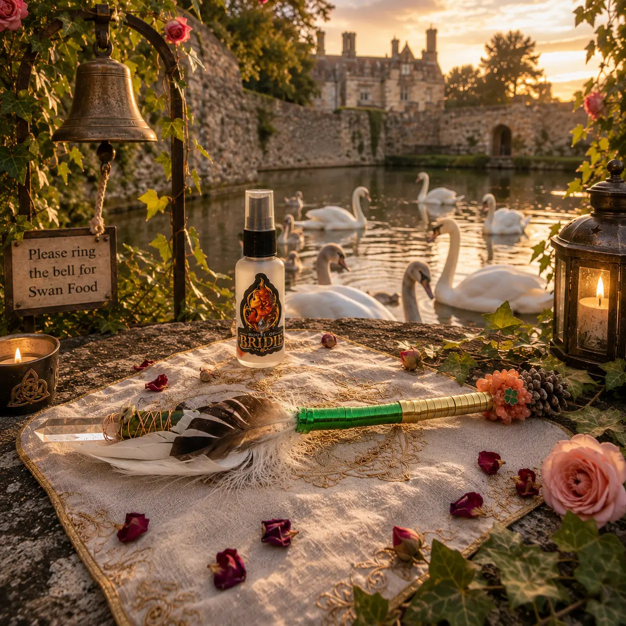 Sacred Swan ceremonial wand with altar mist, swans and Brigid-inspired pilgrimage setting at Wells