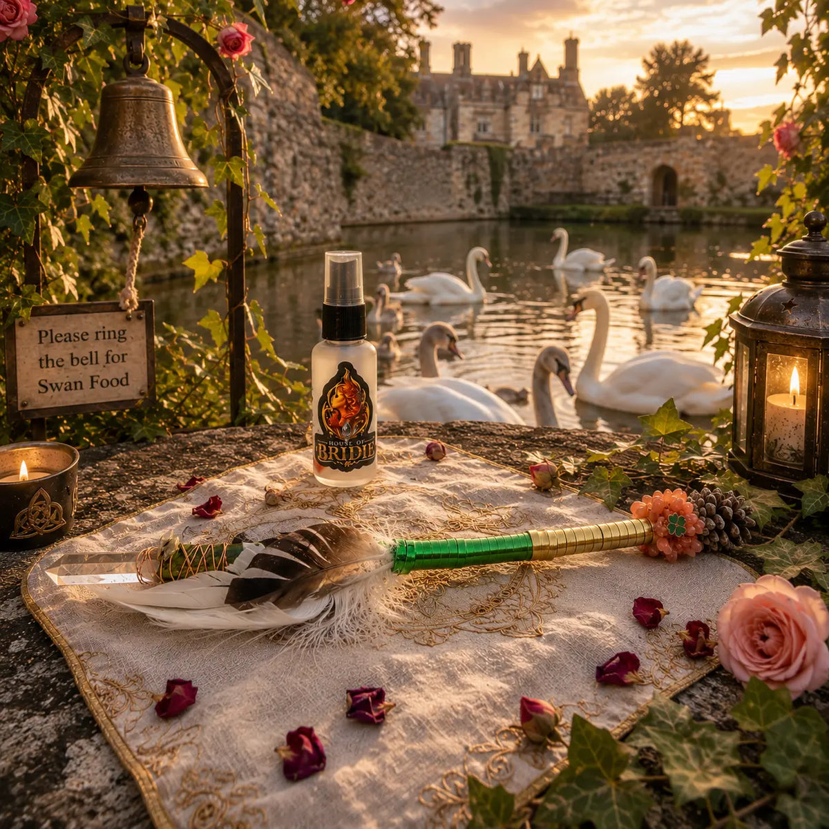 Sacred Swan ceremonial wand with altar mist, swans and Brigid-inspired pilgrimage setting at Wells