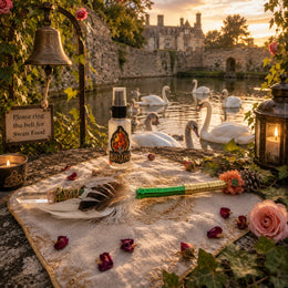 Sacred Swan ceremonial wand with altar mist, swans and Brigid-inspired pilgrimage setting at Wells