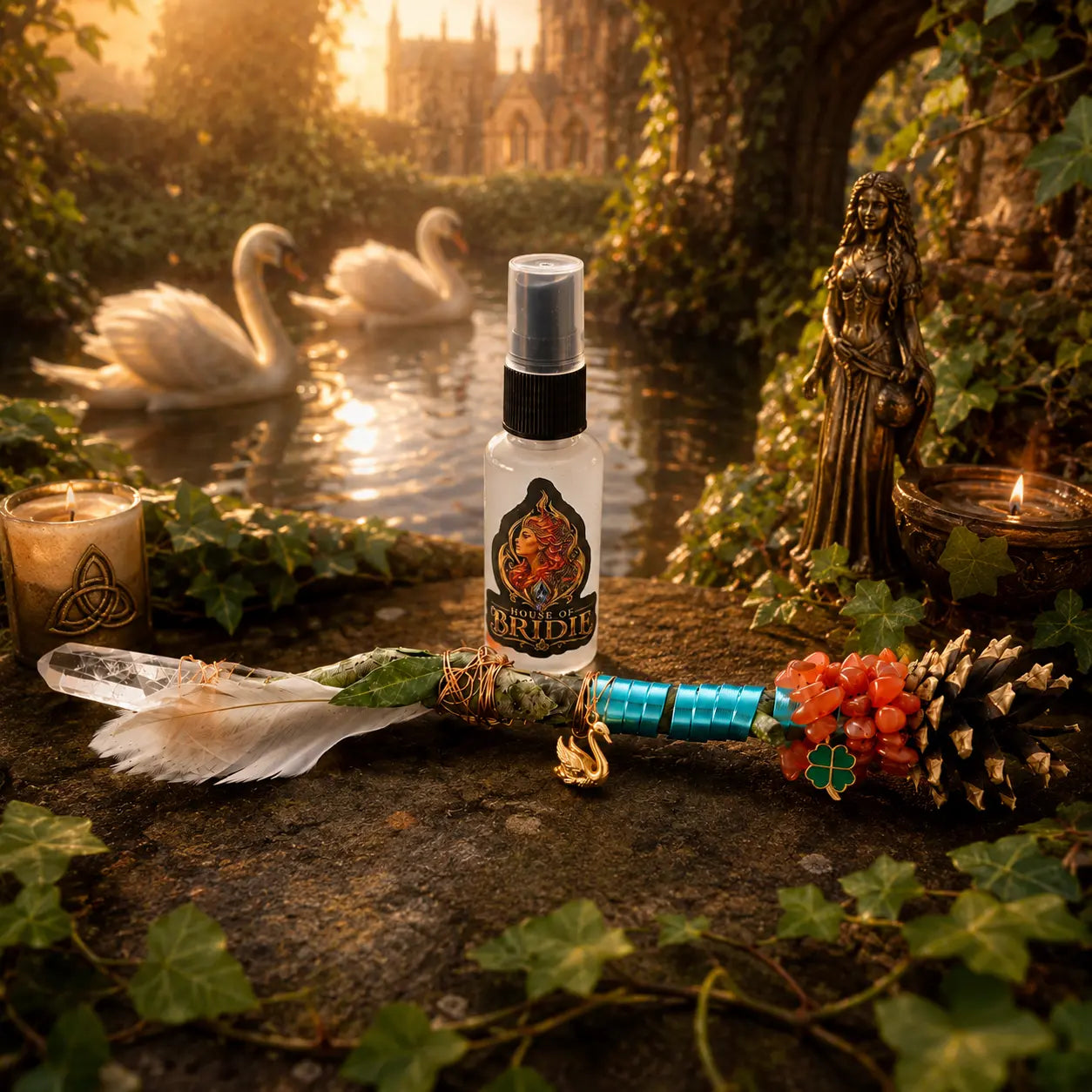 Goddess Brigid Ritual Wand | Sacred Swan Altar Set on a Brigid altar scene with swans in the background
