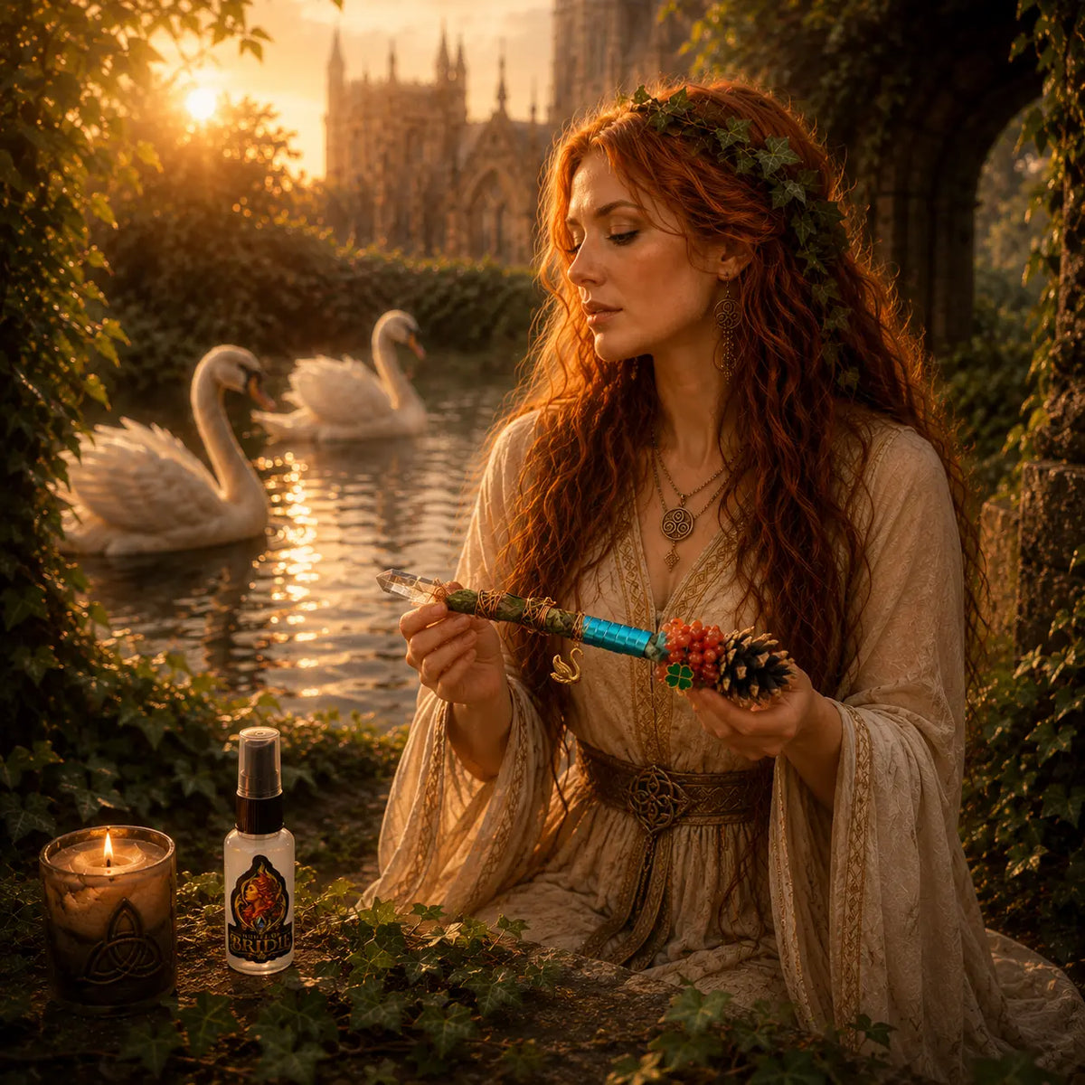 Goddess Brigid Ritual Wand | Sacred Swan Altar Set with Goddess Brigid holding the wand with Wells & swans in the background