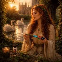 Goddess Brigid Ritual Wand | Sacred Swan Altar Set with Goddess Brigid holding the wand with Wells & swans in the background